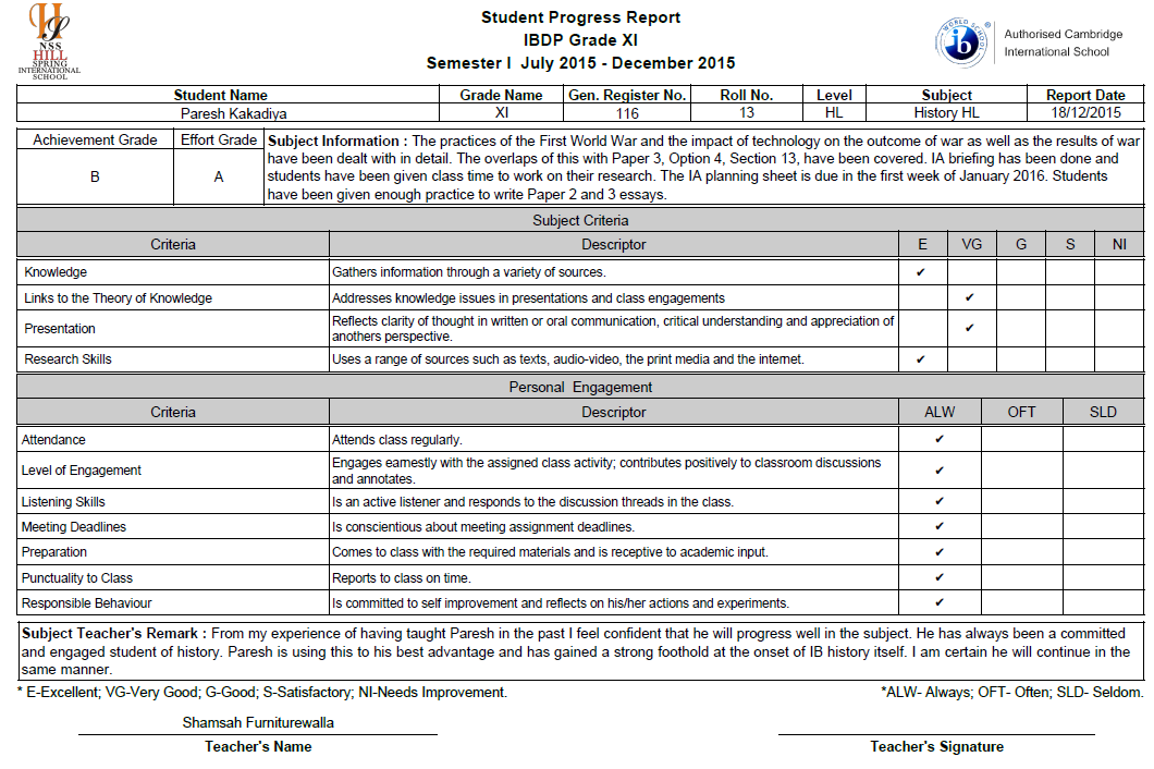 Student Progress Report